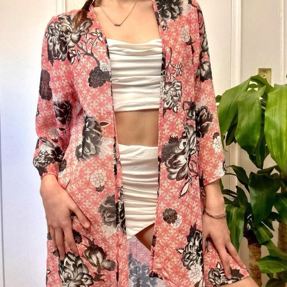 πBohemian Floral Chiffon Kimono Wrap Open Front In Coral Tones Size Small - Picture 7 of 8